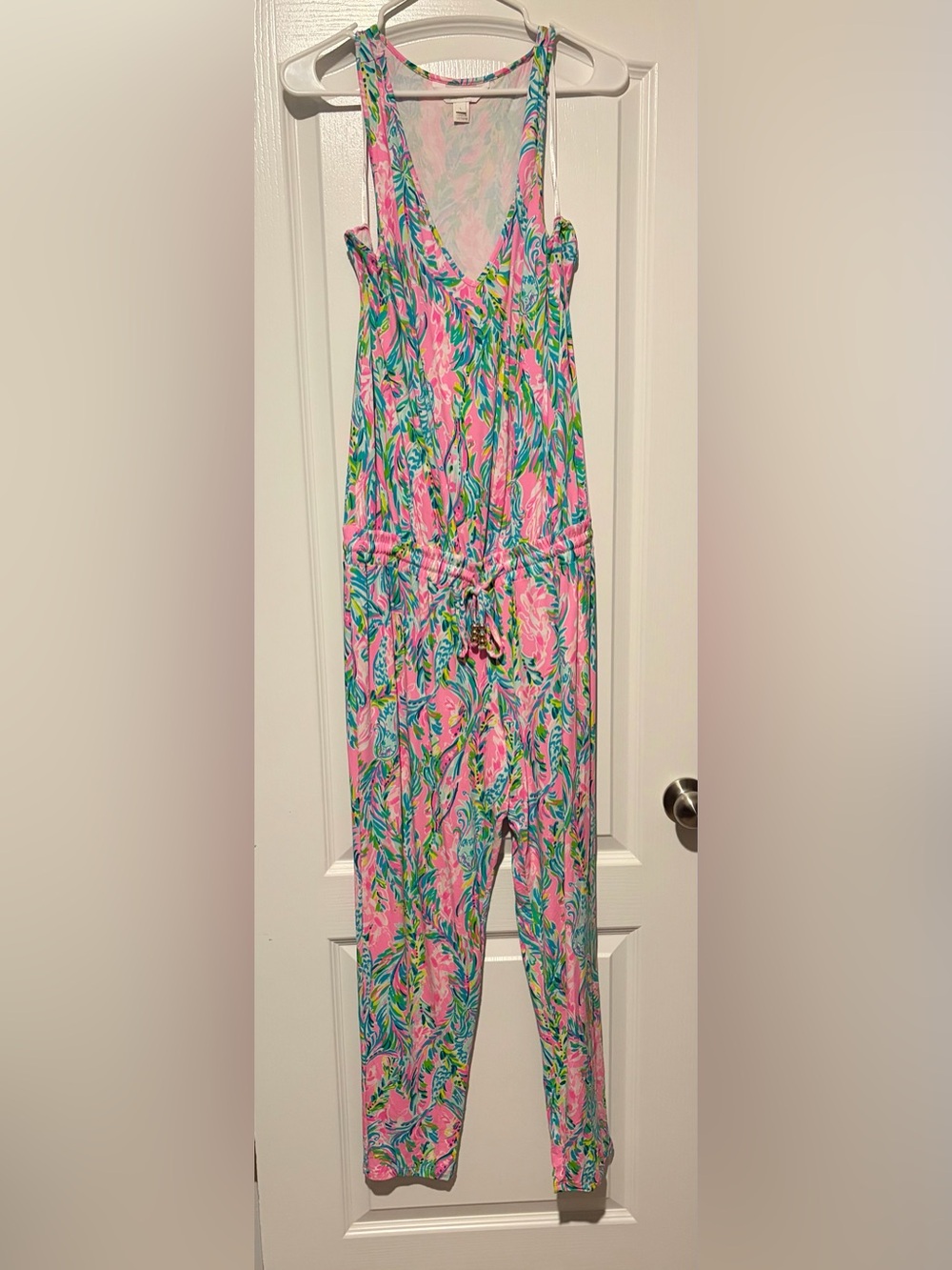 Lilly Pulitzer Pink Floral Print Jumpsuit with Blue & Green Motifs